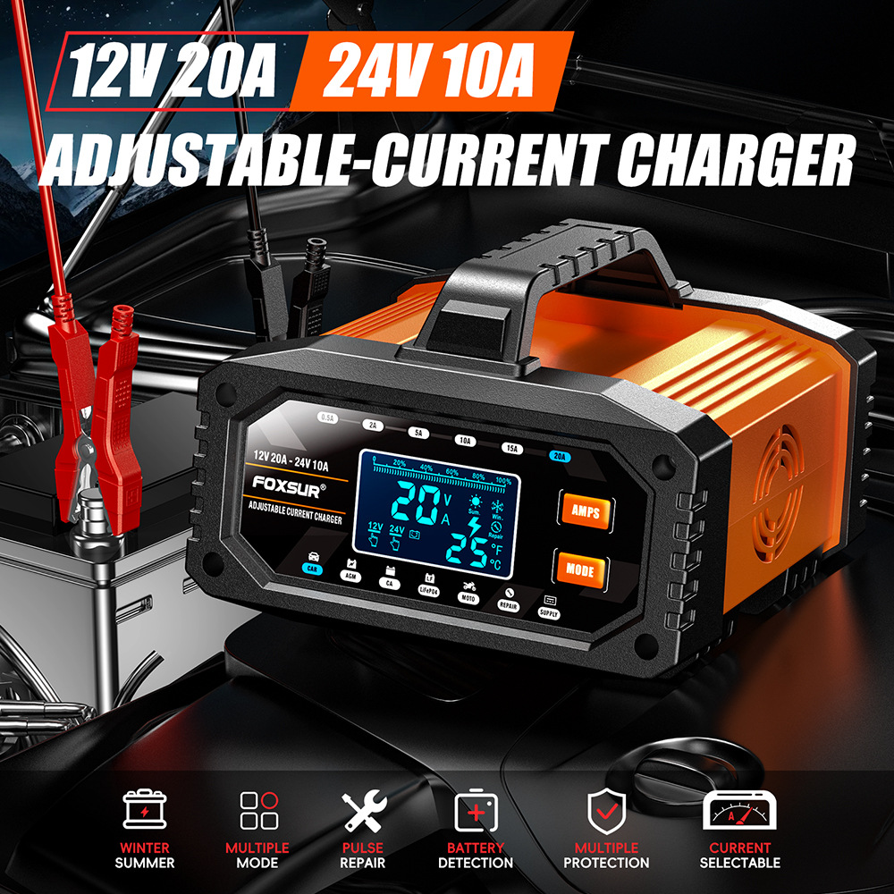 Smart Car Battery Charger 12V 24V 20A - Chargeur de batterie portable 12V/24V 0,5A-20A